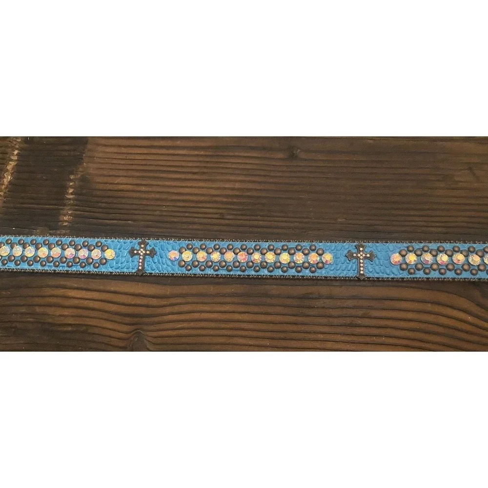 Ladies Western Turquoise Cross Leather Belt with Rhinestones Size M/L